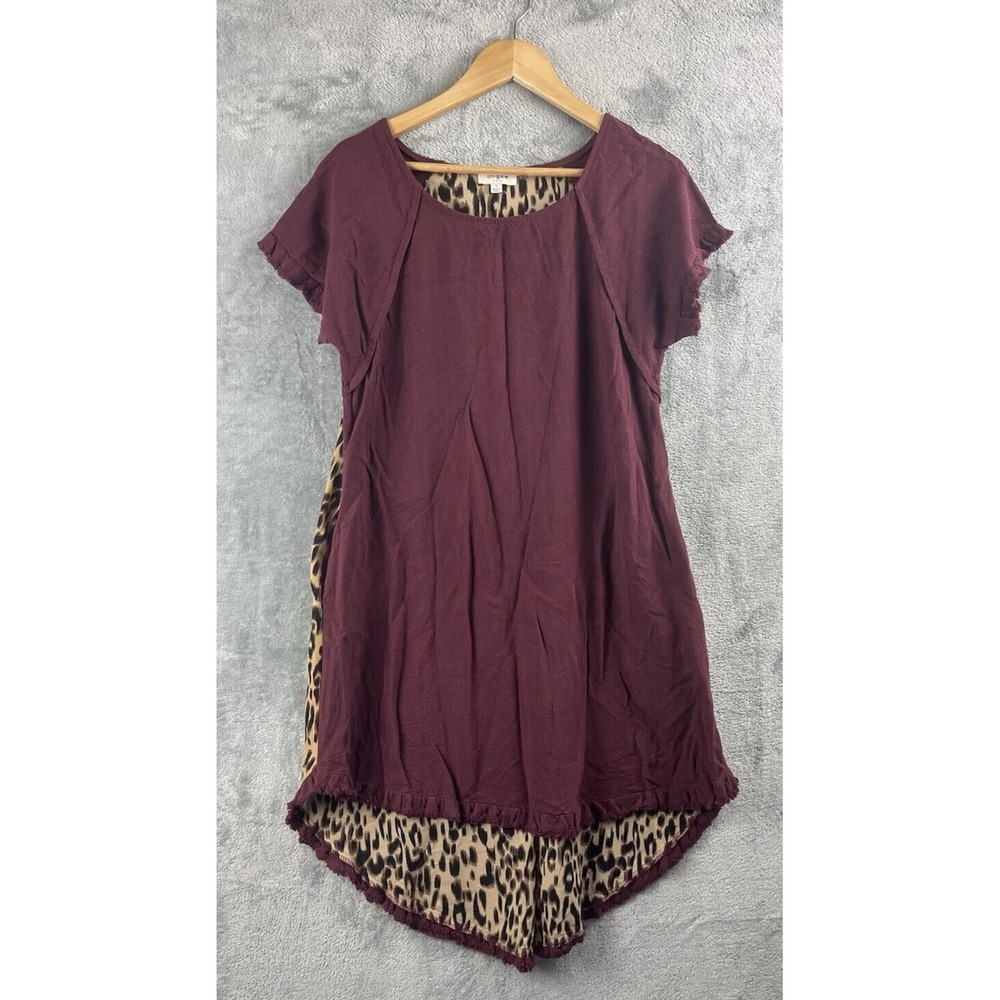 Umgee Small Burgundy Leopard Print High Low Fringe Tunic Dress C2320